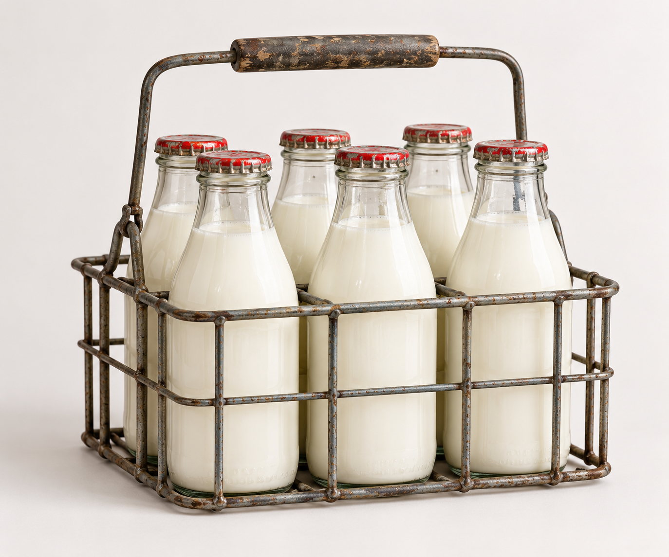 Six glass bottles of milk with red caps held in a wire crate with a rustic handle.