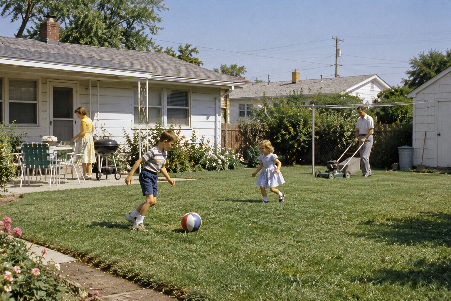 Two children play with a ball in a suburban backyard while a man mows the lawn and a woman stands on the patio.