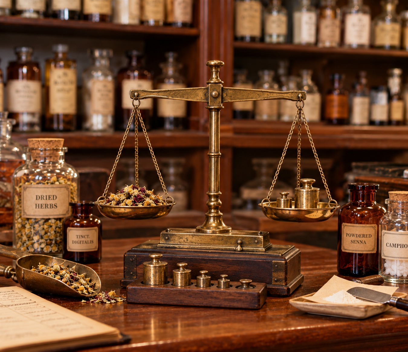 A vintage brass balance scale on a wooden table, surrounded by apothecary jars, dried herbs, and small metal weights.