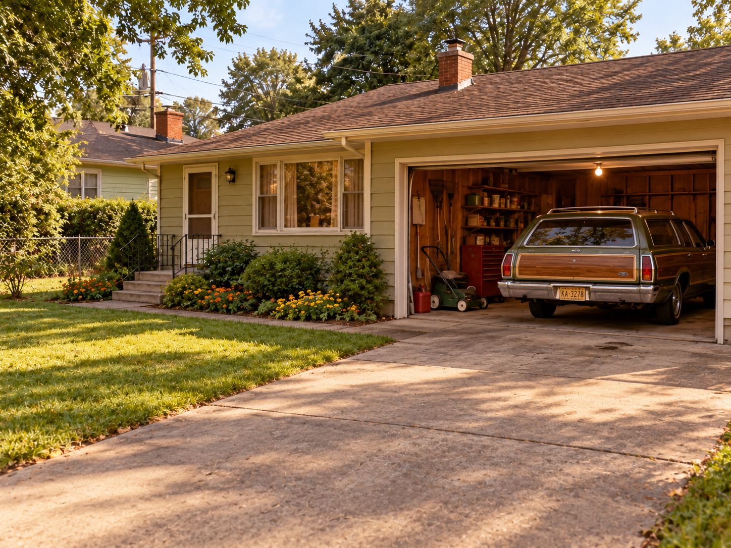A light green ranch-style house with a vintage wood-paneled station wagon parked in its open garage.