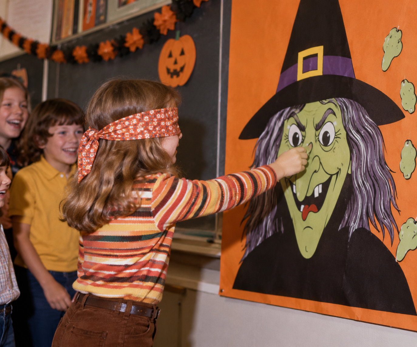 A blindfolded girl playing “pin the wart on the witch” while other children watch and laugh.