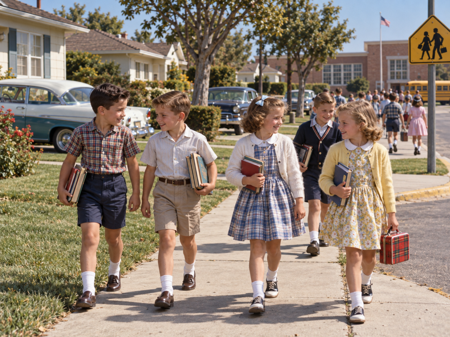 A group of children in 1950s-style clothing walk on a suburban sidewalk, carrying books and smiling, with a school building, bus, and old cars visible in the background.