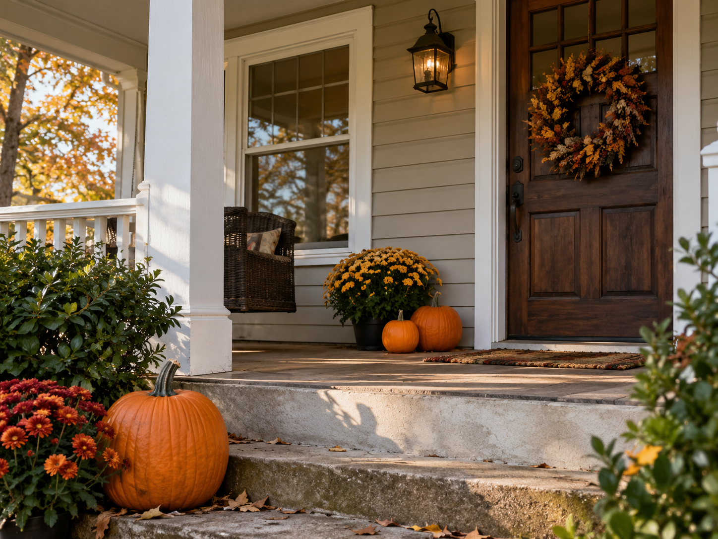 Front porch decorated for autumn with pumpkins, potted chrysanthemums, and a fall-colored wreath on the wooden front door.