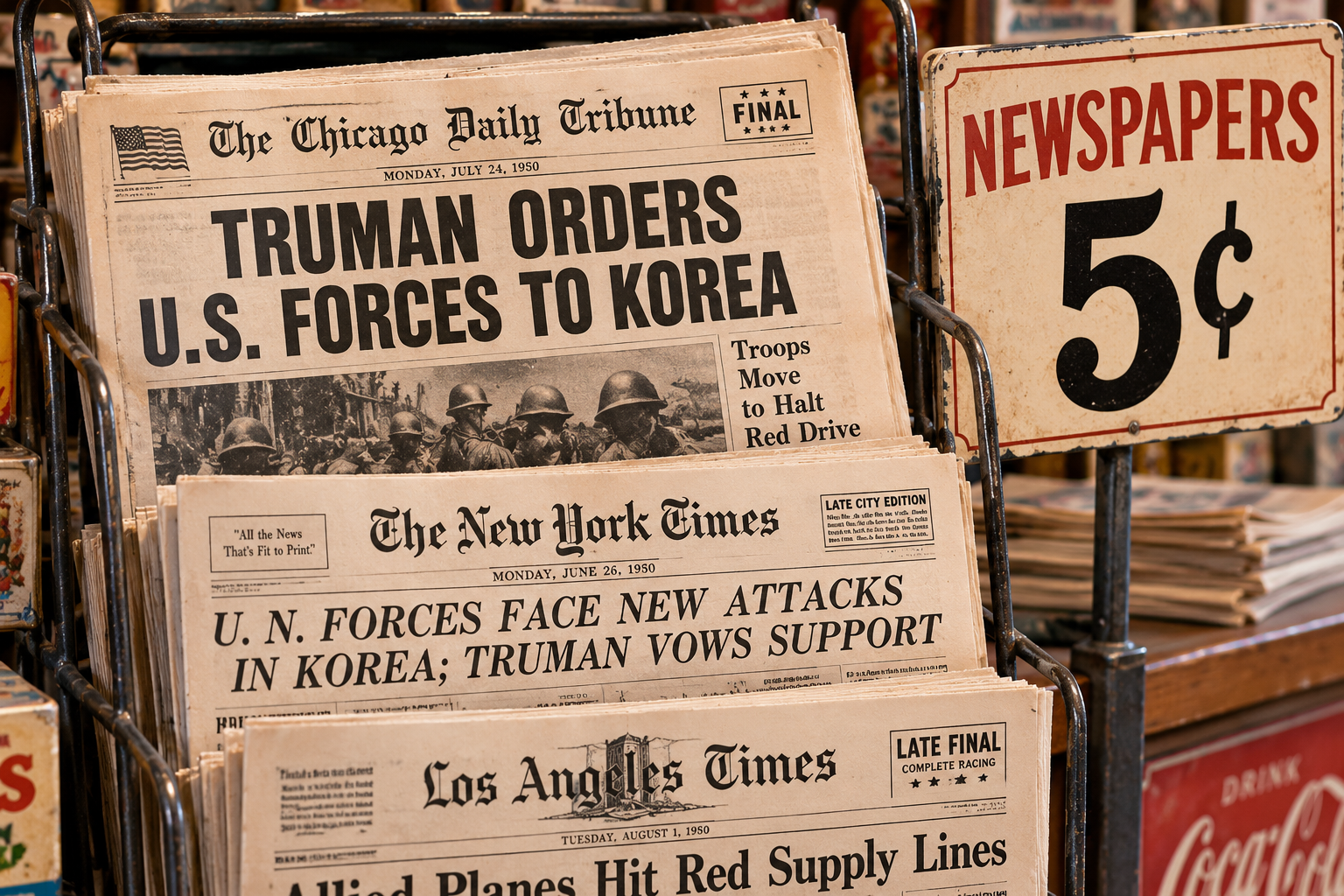 A rack of vintage newspapers with headlines about U.S. forces in Korea and a sign reading “Newspapers 5¢” displayed beside them.