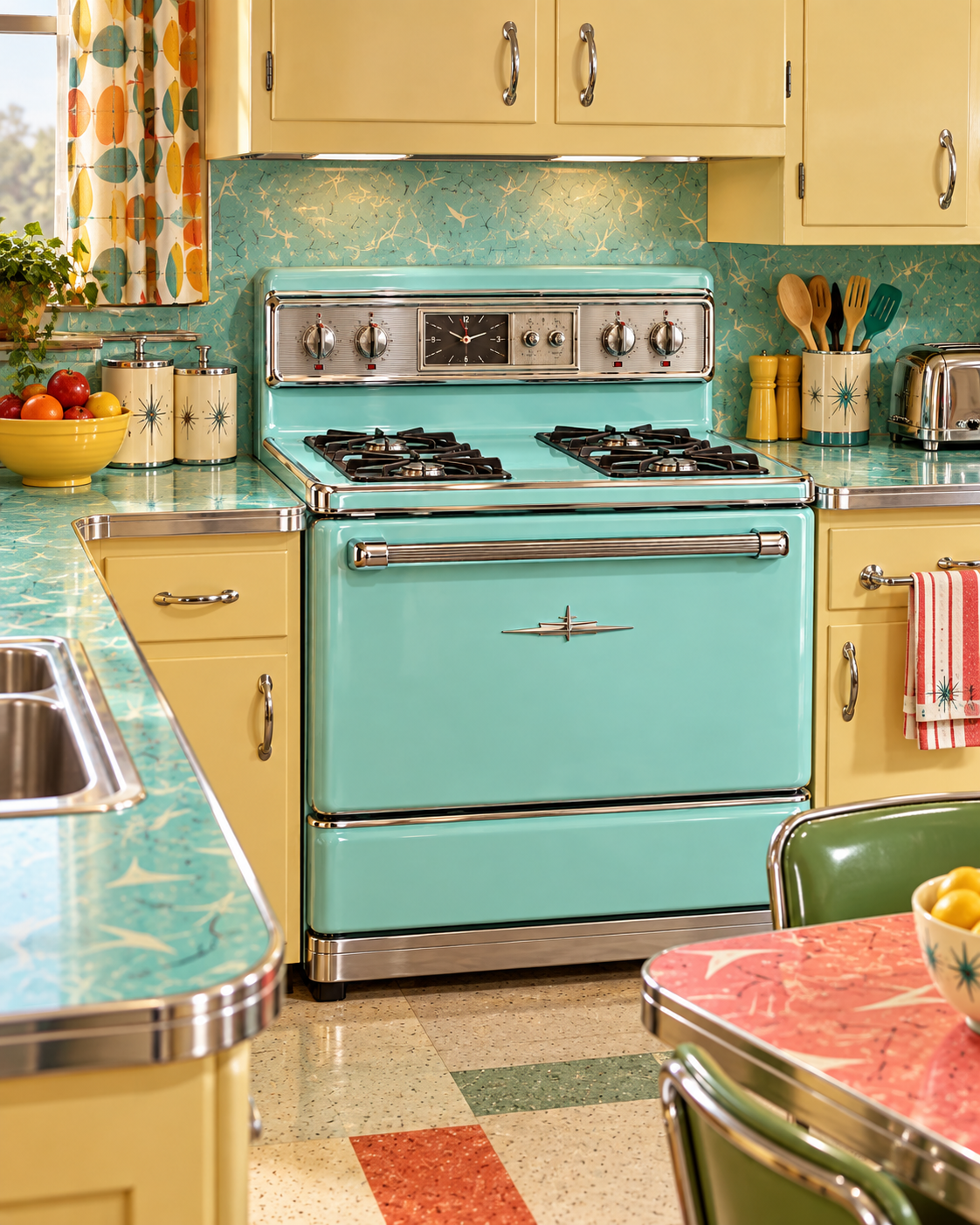 A retro-style kitchen featuring a turquoise gas stove, yellow cabinets, and teal countertops with starburst patterns.