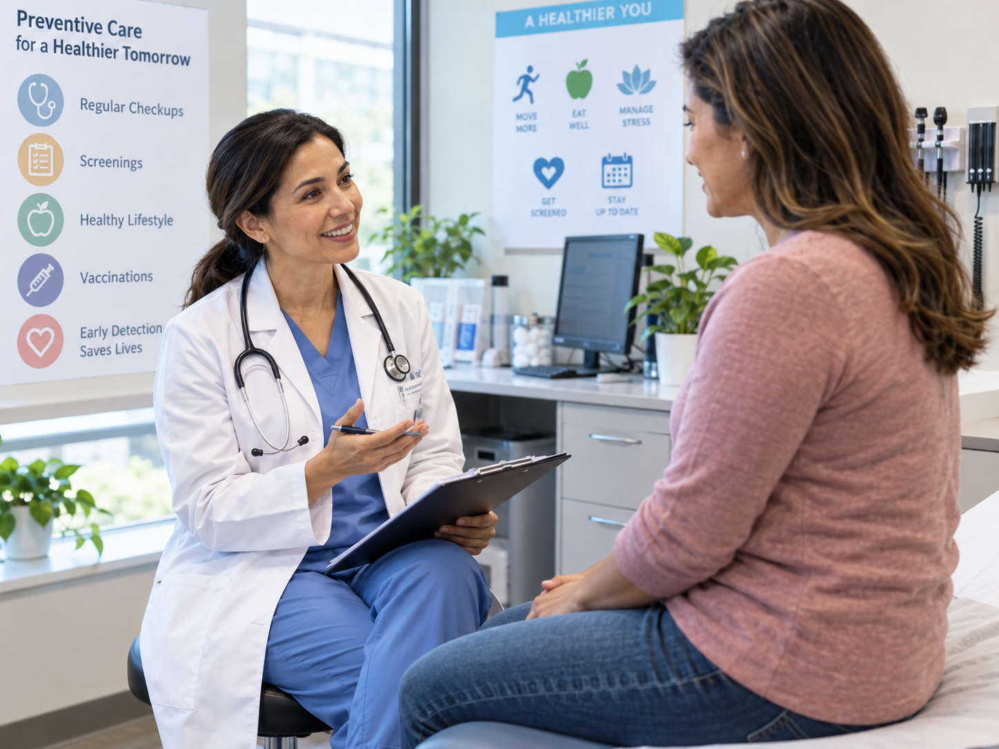 A doctor in a white coat sits and speaks with a patient in an examination room.