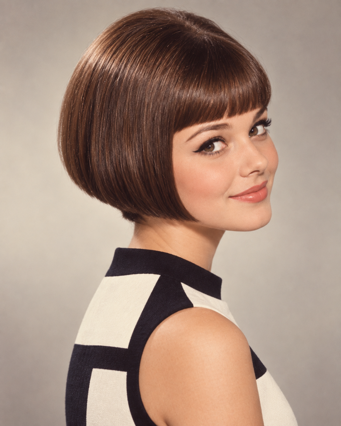 A woman with a short, brown bob haircut and bangs looks over her shoulder.