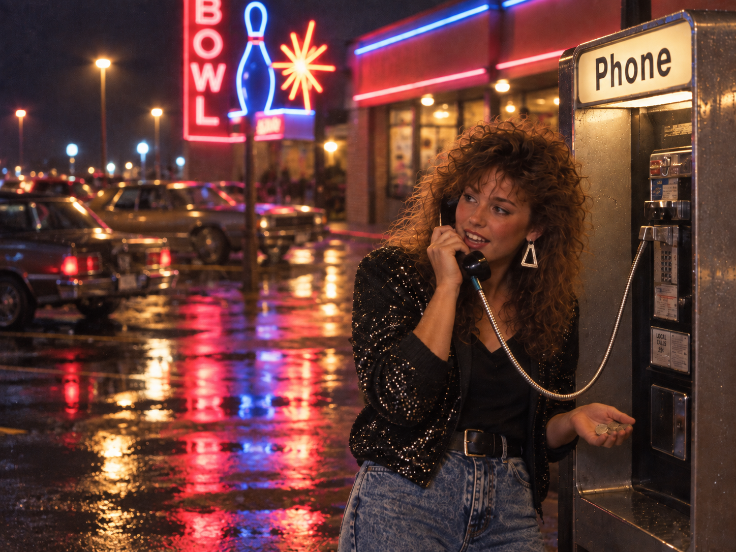 A woman with curly hair talks on an outdoor payphone at night in front of a bowling alley with neon signs.