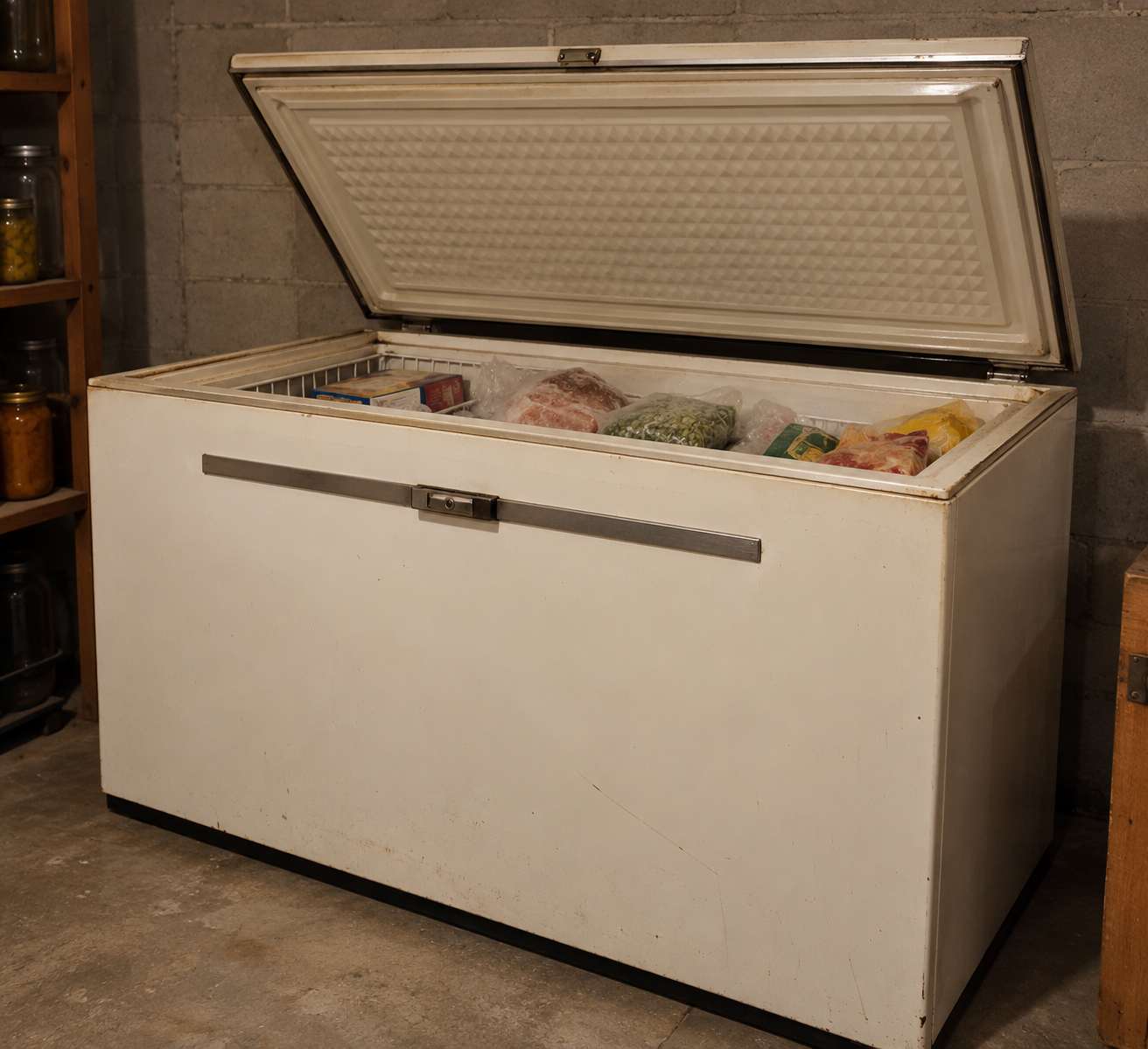 A white chest freezer with its lid open, showing packaged frozen food inside.