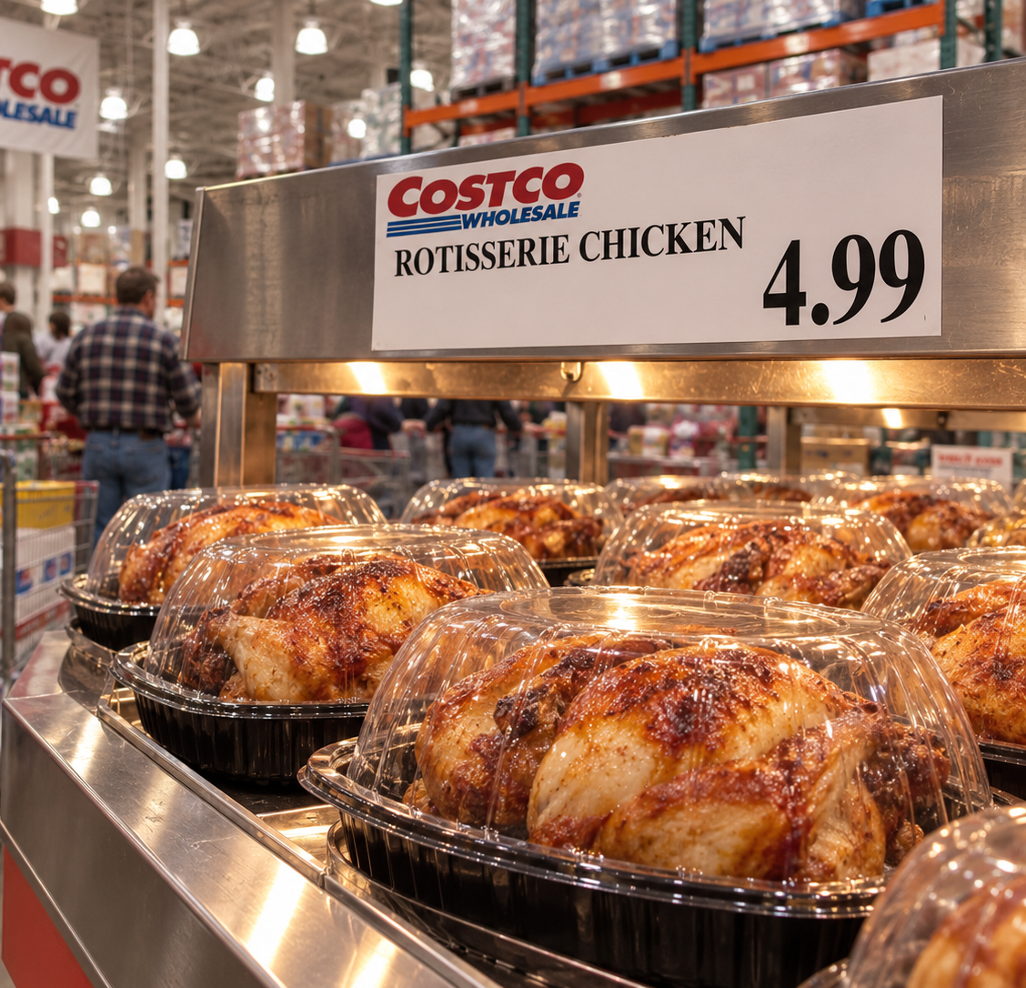 Rows of whole rotisserie chickens in plastic containers under a Costco Wholesale sign showing a price of 4.99.