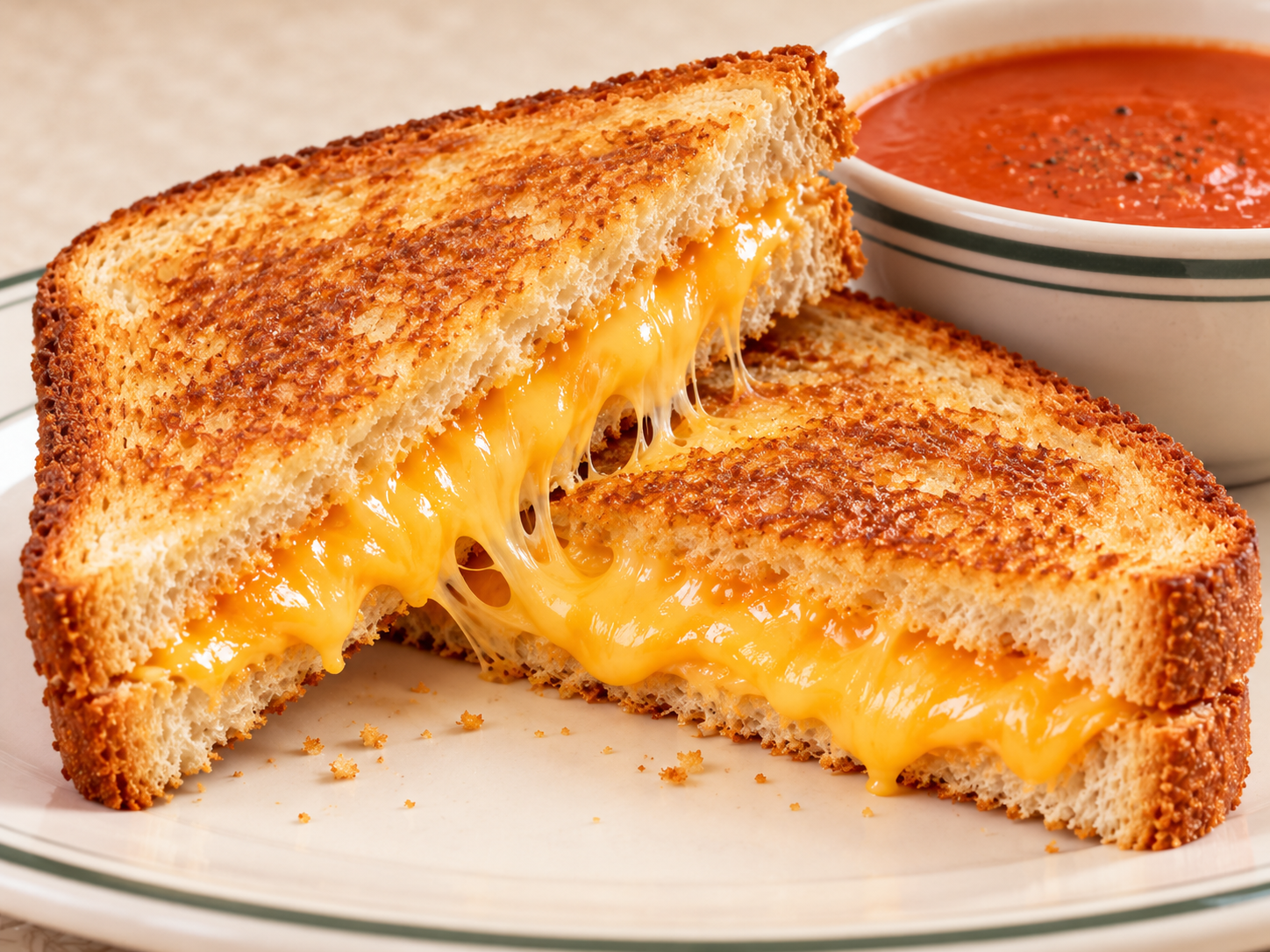 A grilled cheese sandwich cut in half with melted cheese stretching between the slices, served with a bowl of tomato soup.