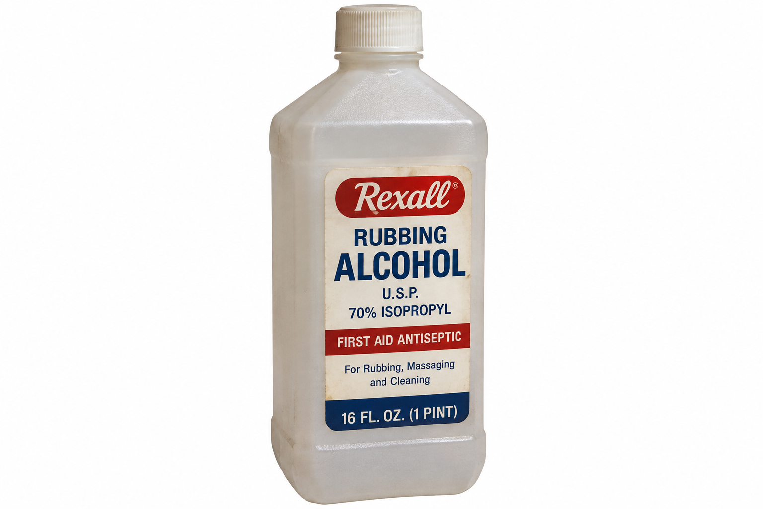 A clear plastic bottle of Rexall 70% isopropyl rubbing alcohol.