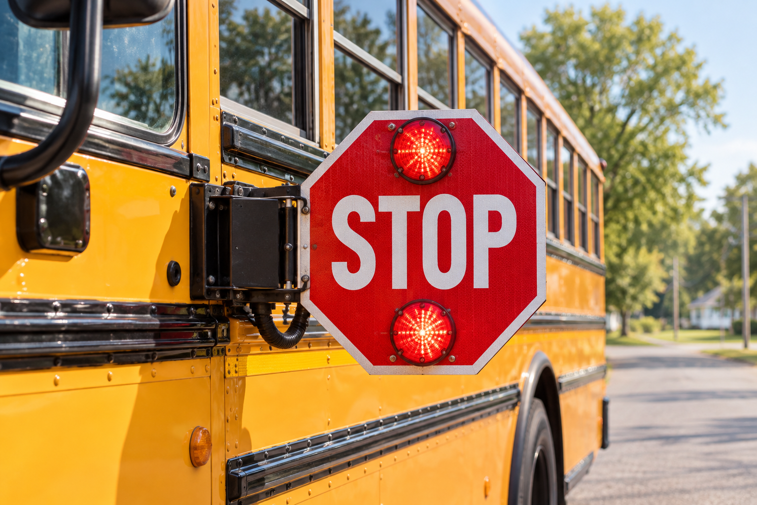 A school bus stop sign extended from the side of a yellow school bus, with illuminated red lights above and below the word “STOP.”