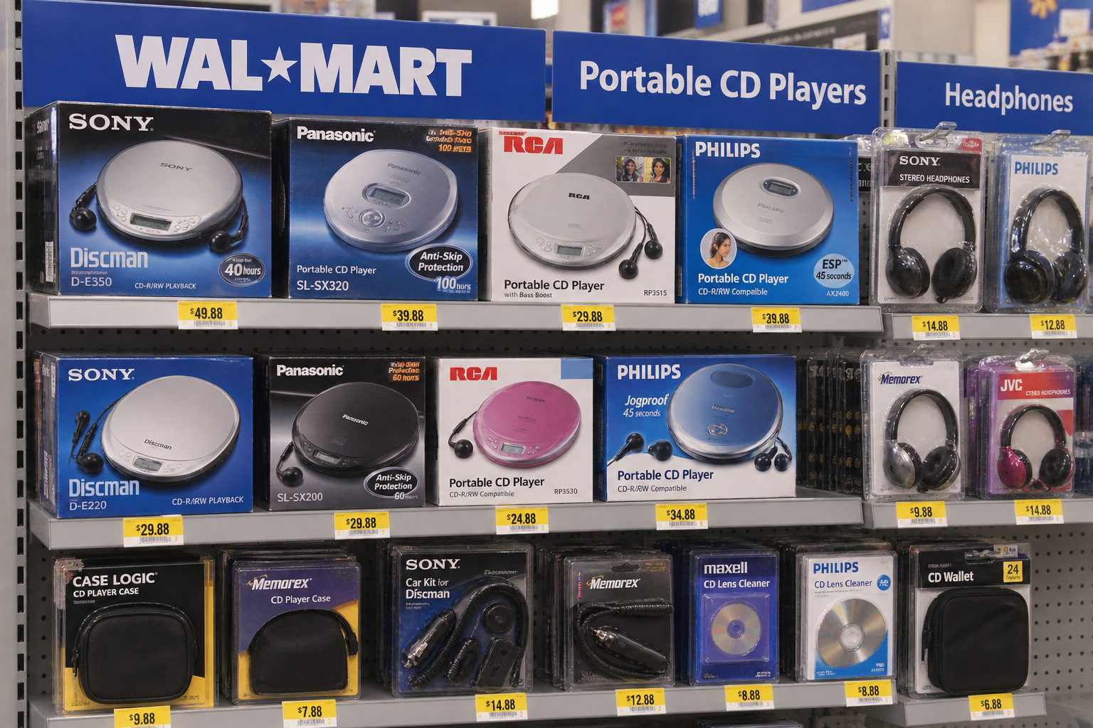 Retail display shelf at Walmart stocked with various portable CD players, headphones, and CD accessories with price tags.