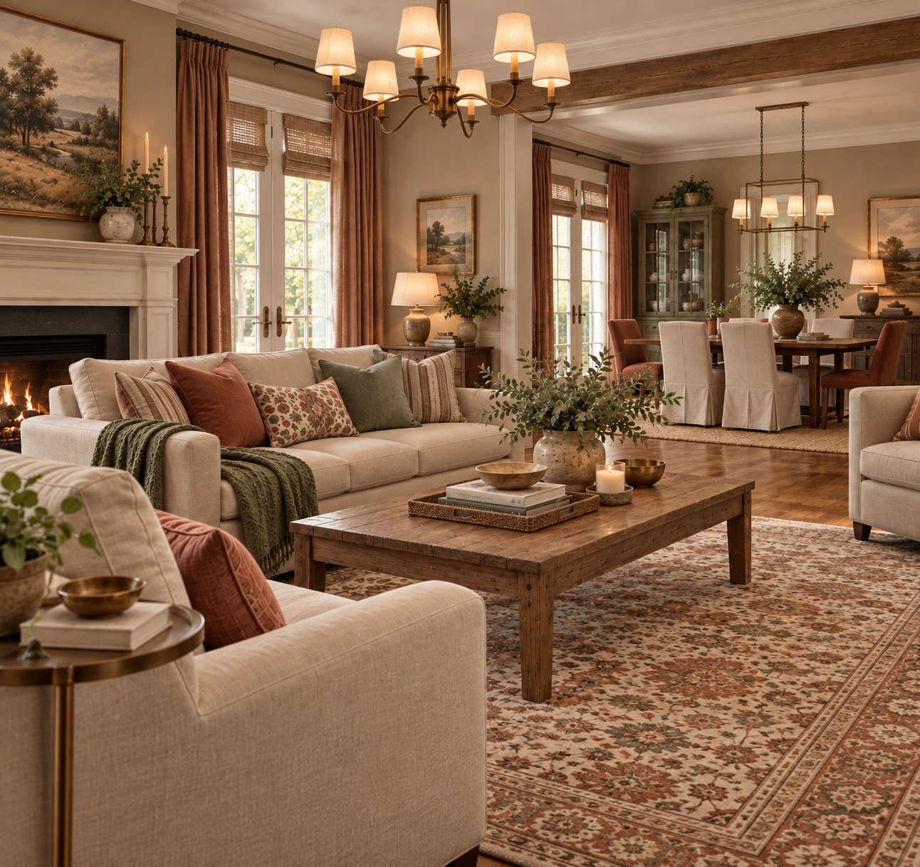 A bright, open-concept living and dining area featuring neutral sofas, a wooden coffee table, a fireplace, and a dining table set for guests.