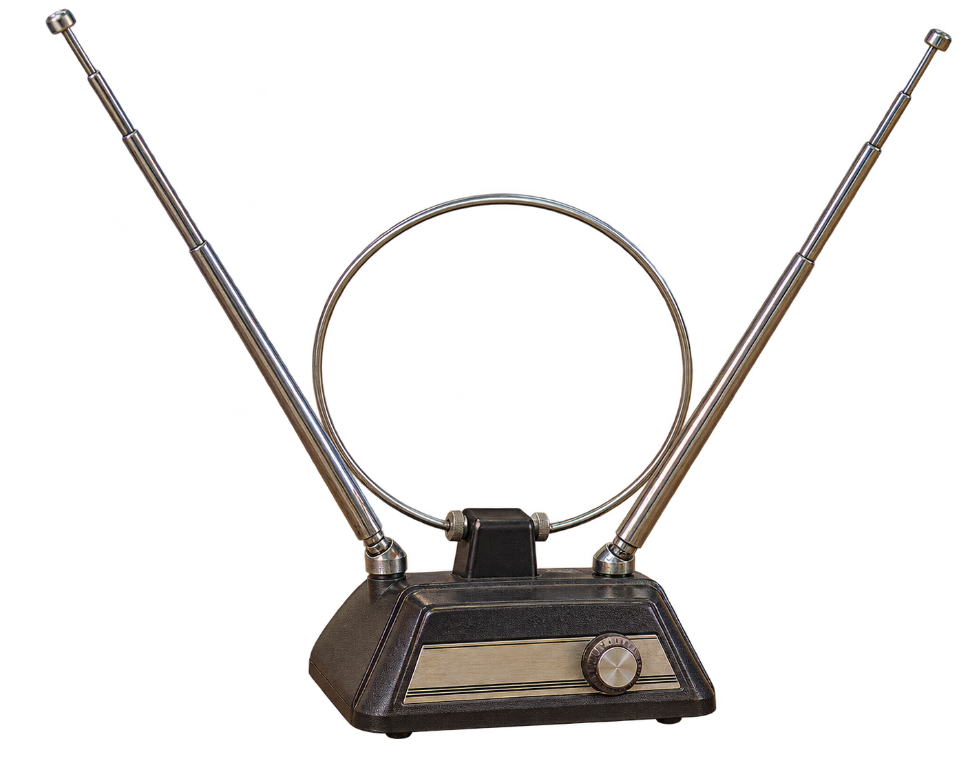 Indoor television antenna with two extendable V-shaped rods and a circular loop mounted on a base with a rotary dial.