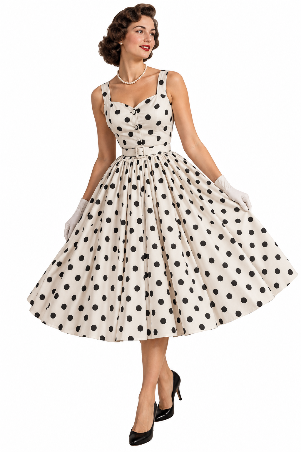 A woman wears a vintage-style, sleeveless white dress with black polka dots, a string of pearls, and white gloves, holding the skirt out to the sides.