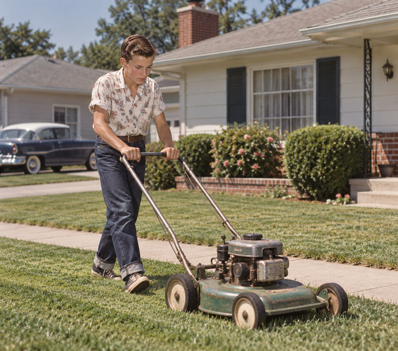 A young man wearing a short-sleeved patterned shirt and jeans mows a residential lawn with a vintage push mower.