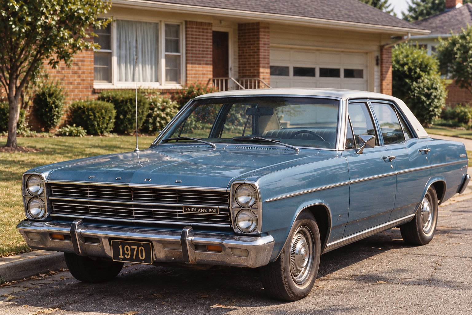 Blue 1970 Ford Fairlane 500 sedan parked on a residential street.