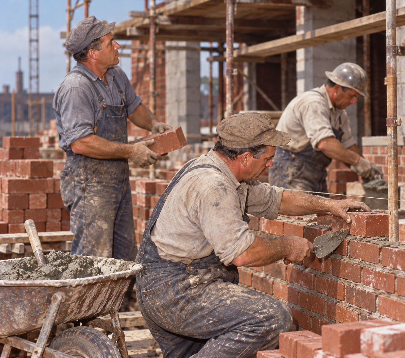 Three construction workers in overalls building a brick wall on a scaffold-lined site.