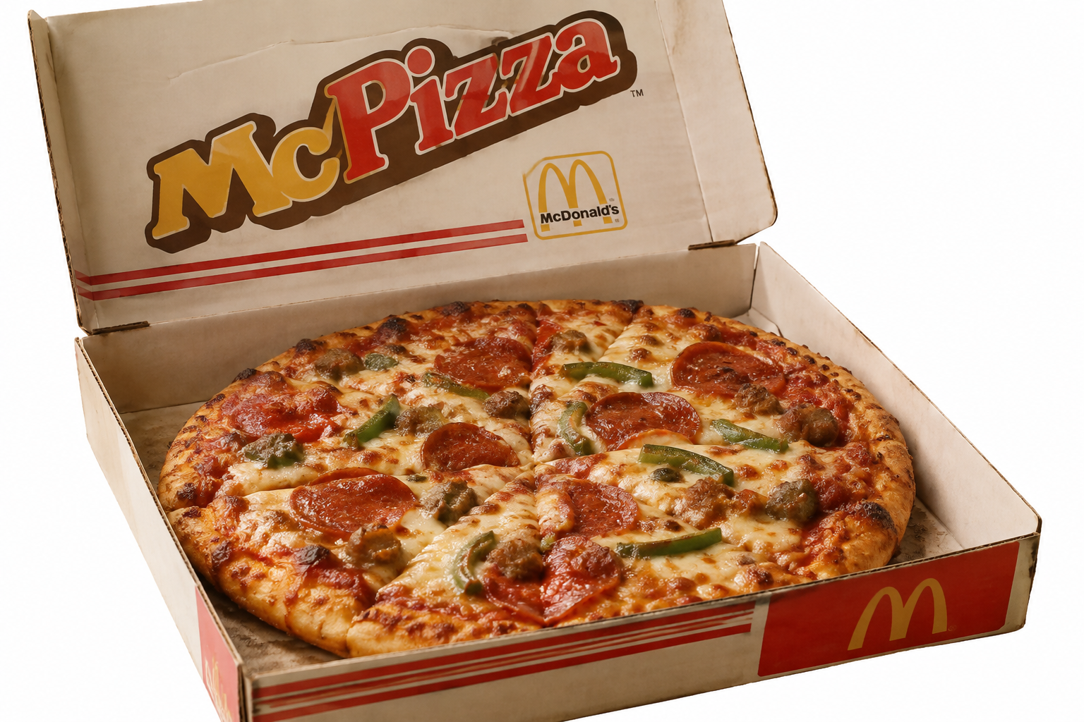 A pepperoni and green pepper pizza inside an open McDonald’s McPizza cardboard box.