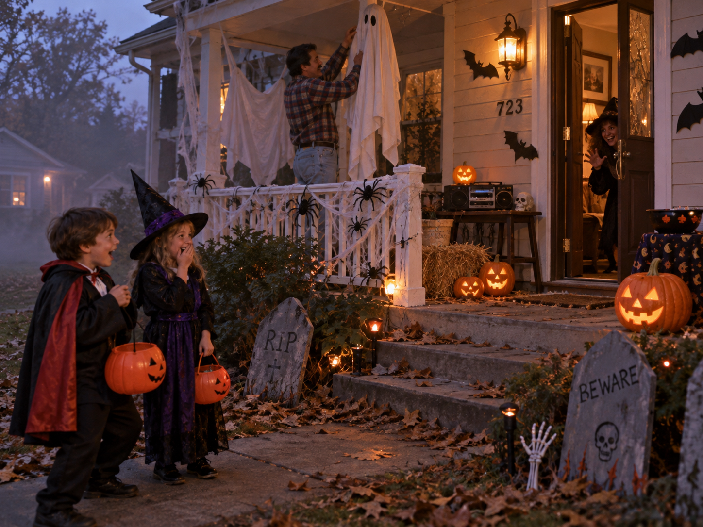 Two children in costumes look toward a house porch where a man hangs a ghost decoration and a woman in a witch costume stands in the doorway, surrounded by jack-o’-lanterns and Halloween decor.