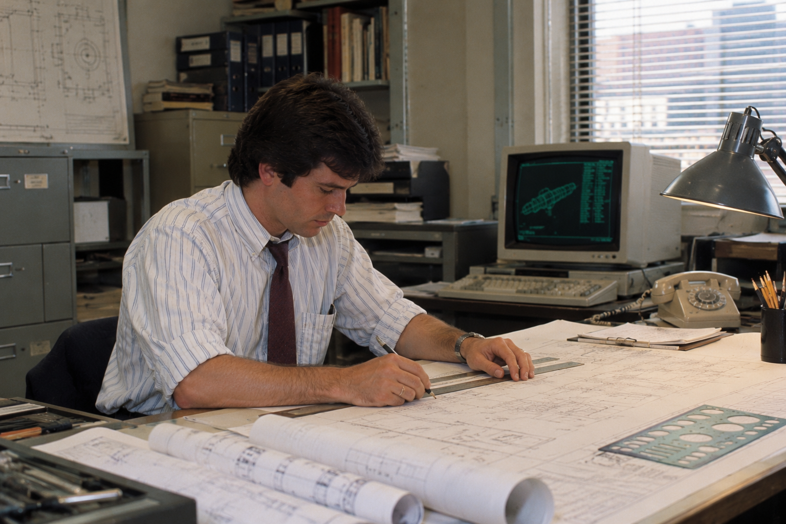 A man in a dress shirt and tie works at a drafting table, using a pencil and ruler to draw on a large blueprint.