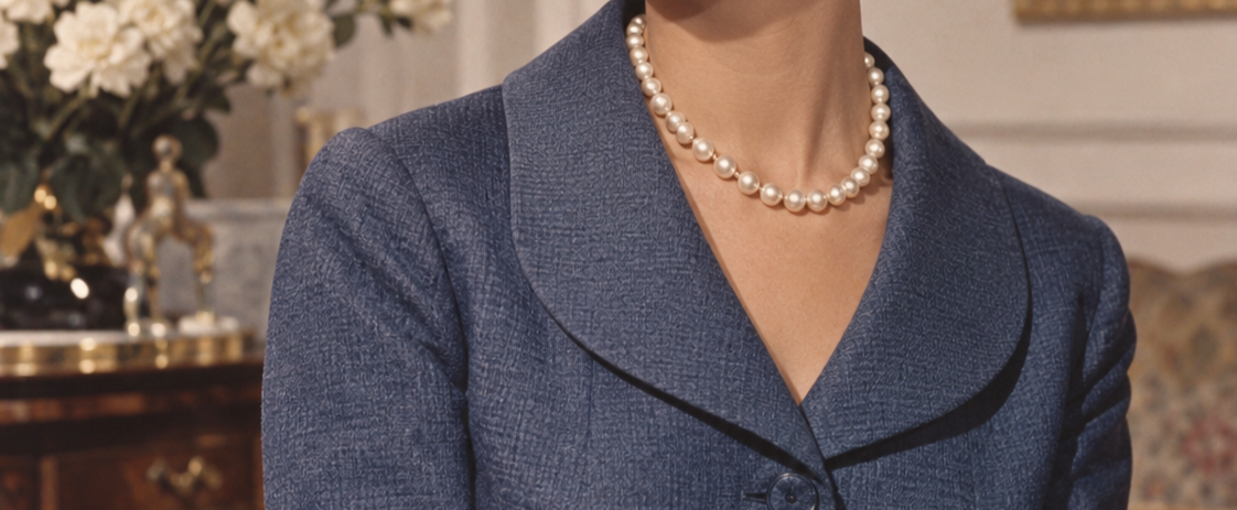 A person wearing a blue collared jacket and a single-strand pearl necklace.