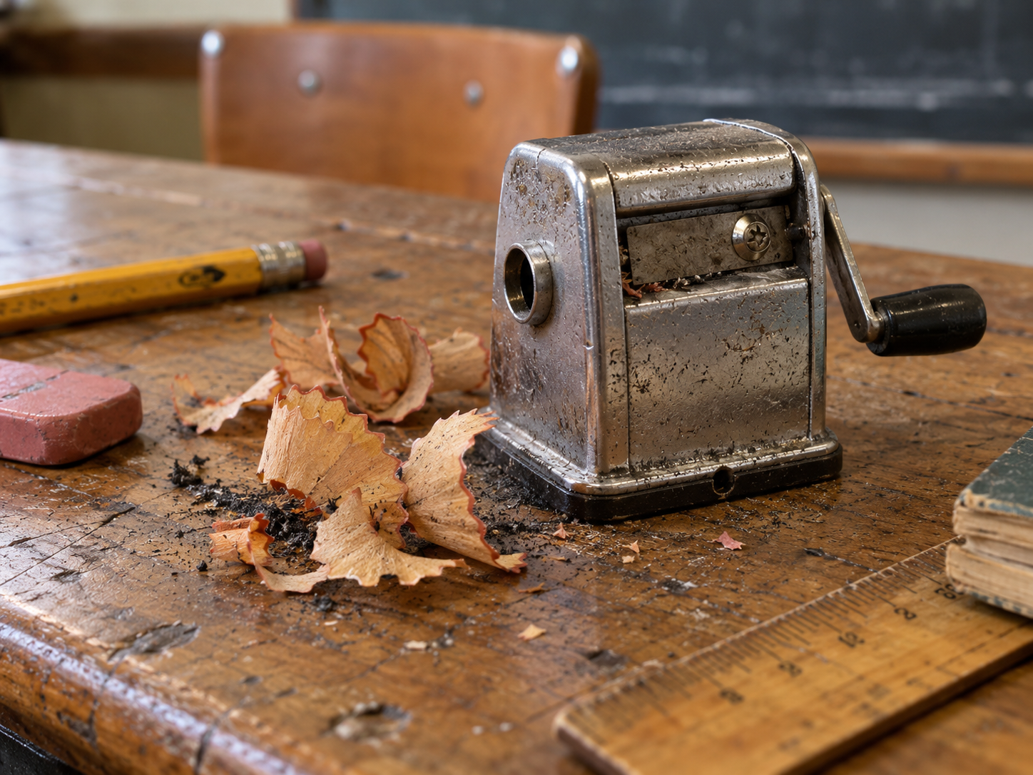 A vintage metal pencil sharpener on a wooden desk with pencil shavings, a pencil, and an eraser.