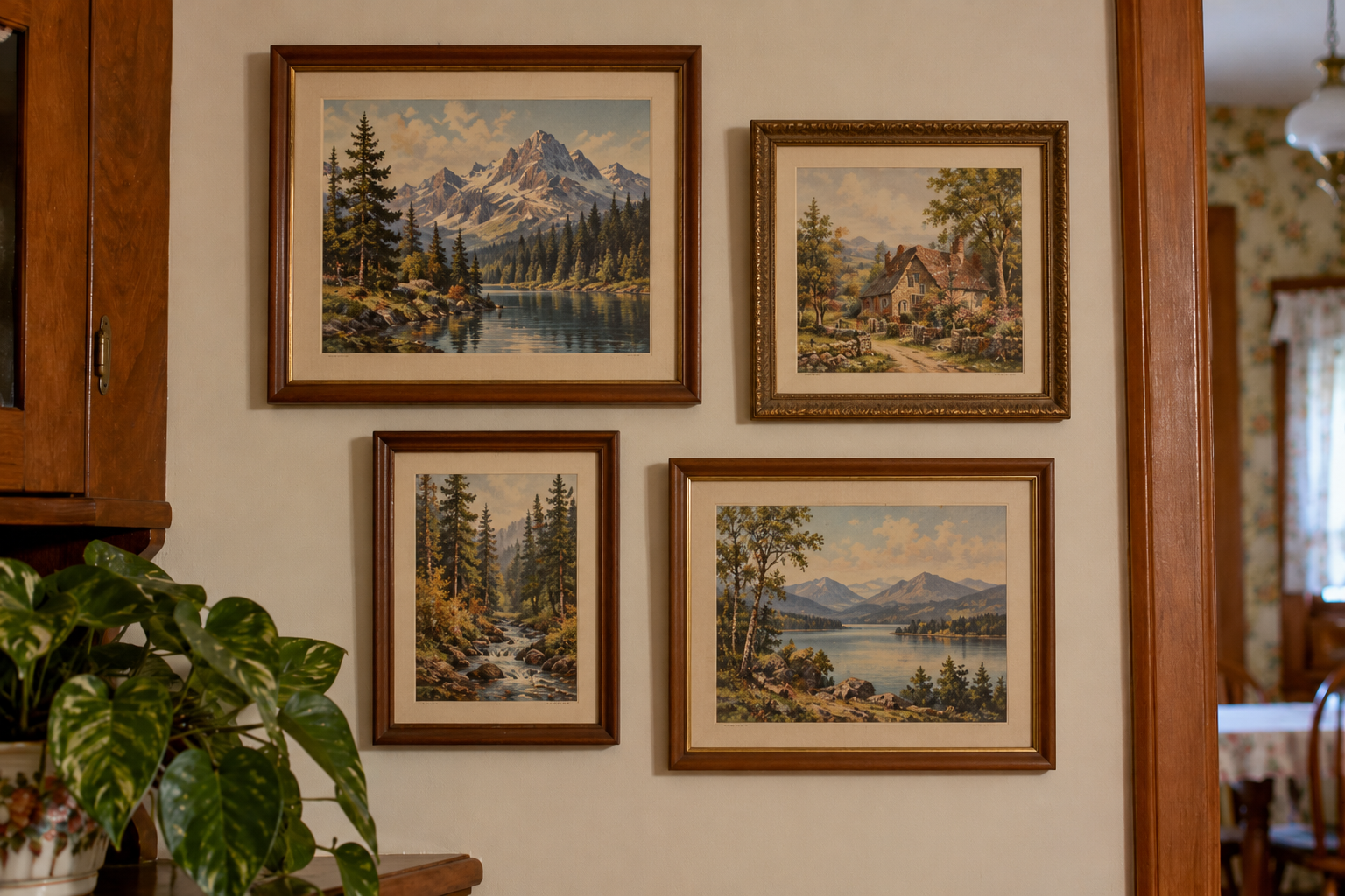 Four landscape paintings in wooden frames displayed on a wall above a houseplant.