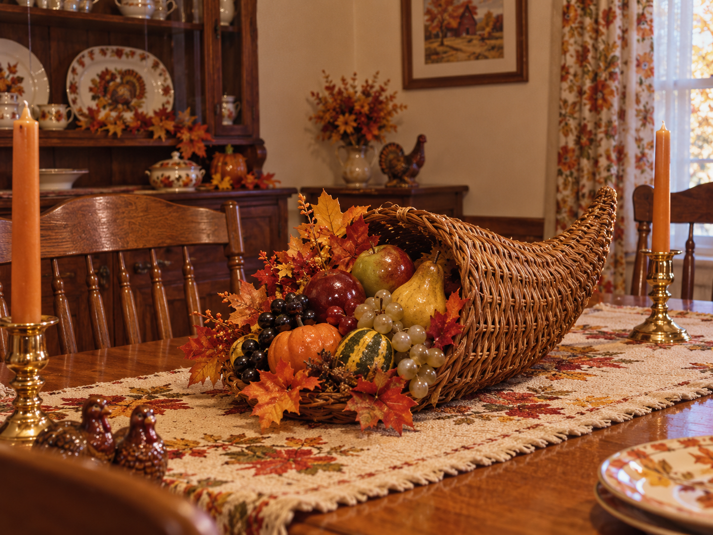 A cornucopia filled with faux autumn leaves, pumpkins, grapes, and apples sits as a centerpiece on a dining table decorated with a fall-themed runner and taper candles.