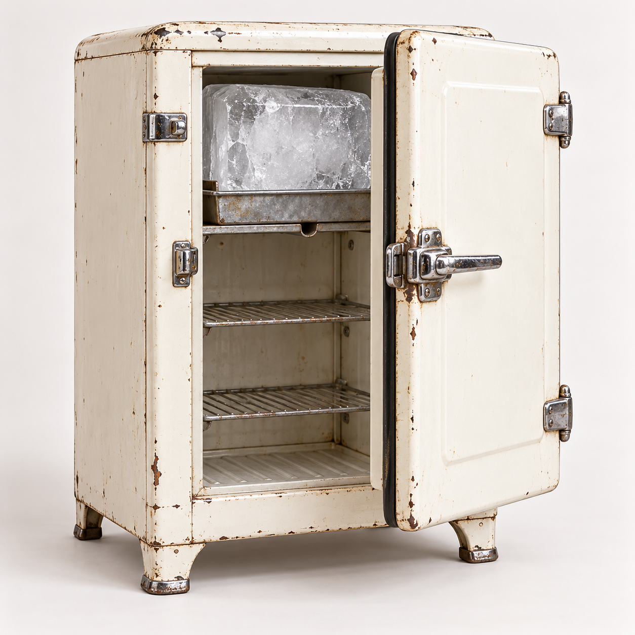 A small, vintage off-white refrigerator with a metal door left slightly open, revealing a large block of ice in the top compartment and two wire shelves.