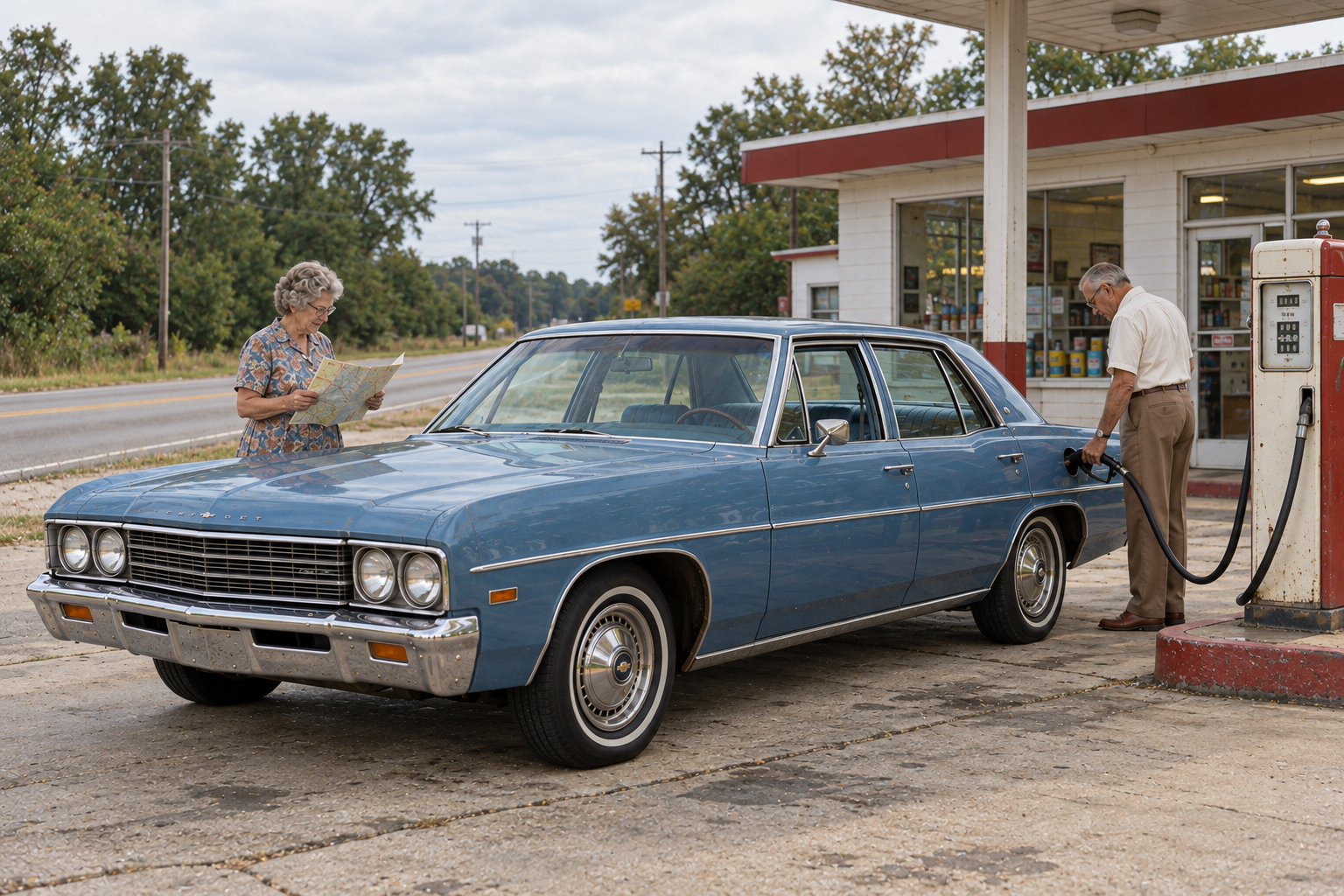 An older man pumps gas into a blue sedan while an older woman stands in front of the car looking at a map at a service station.