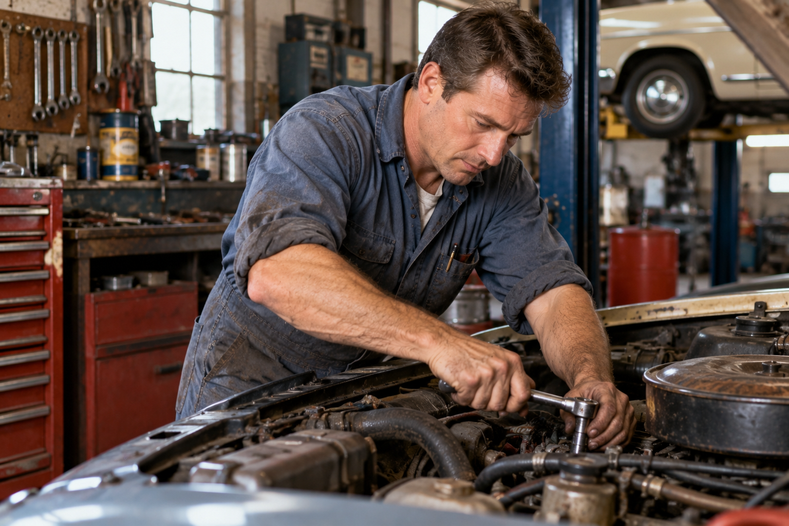 A mechanic works on a car engine using a ratchet wrench in an auto repair shop.
