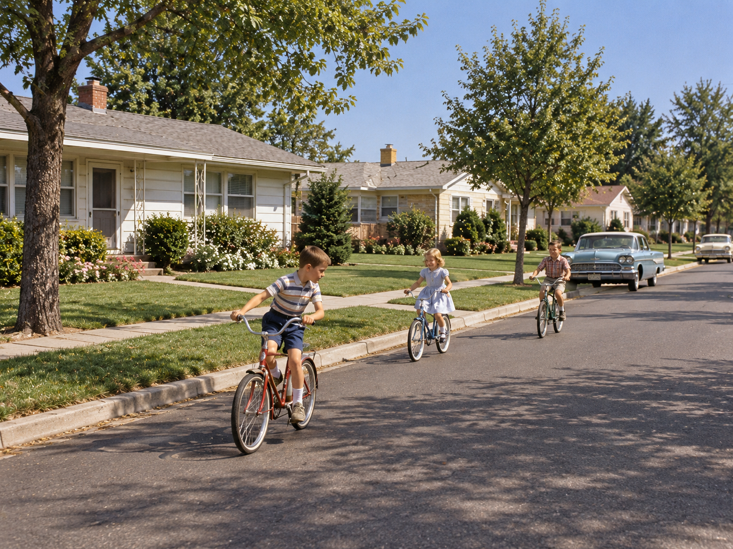 Two boys and a girl riding bicycles down a suburban street lined with houses.