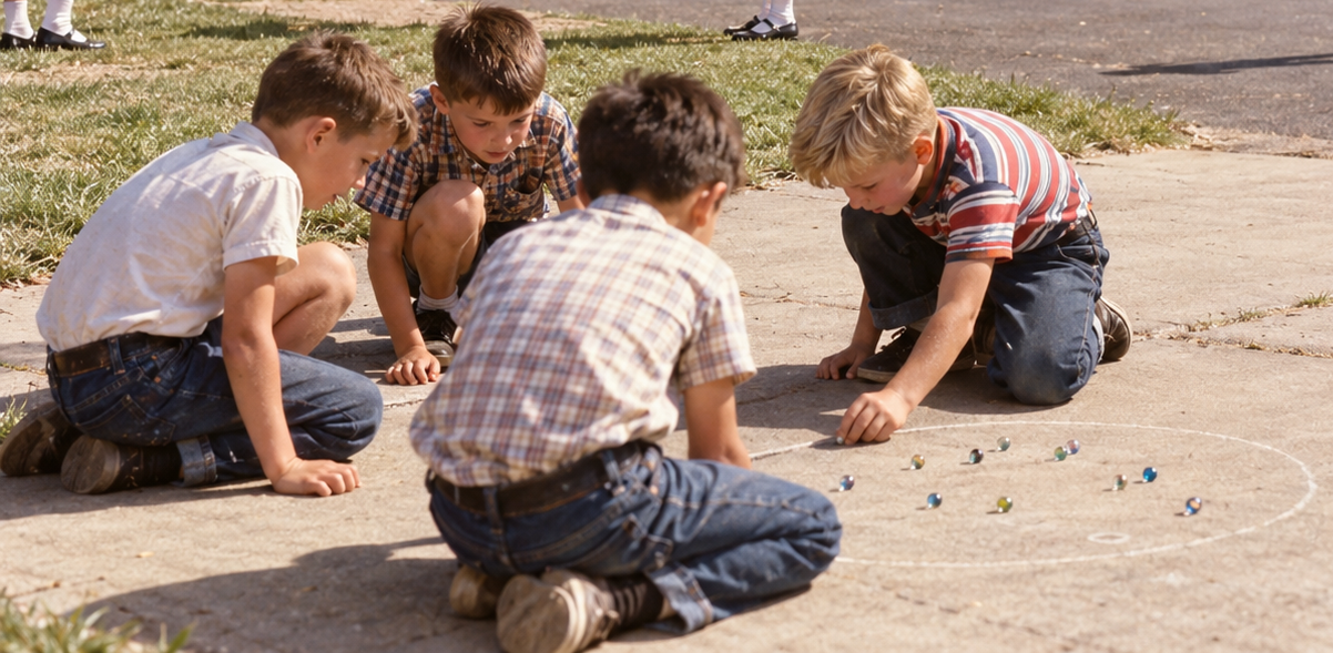 Four boys kneel on a concrete surface, playing marbles inside a chalk circle. They are focused on the game, surrounded by grass and wearing casual clothes.