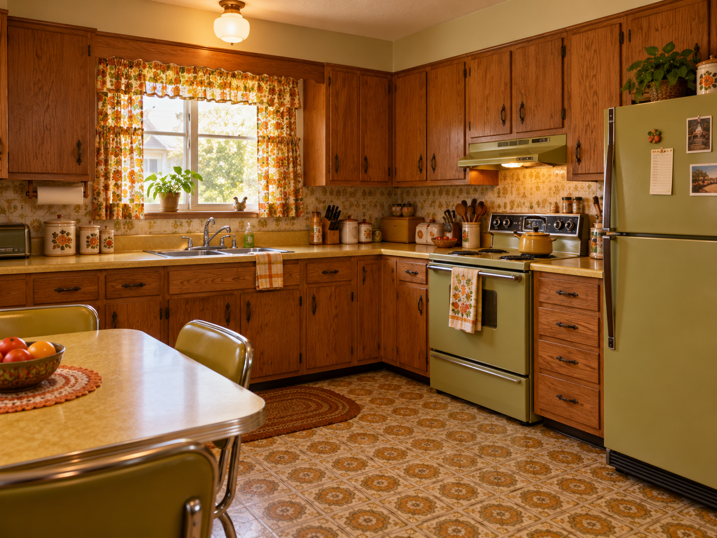 A vintage kitchen with wood cabinets, a light green stove and refrigerator, and patterned tile flooring.