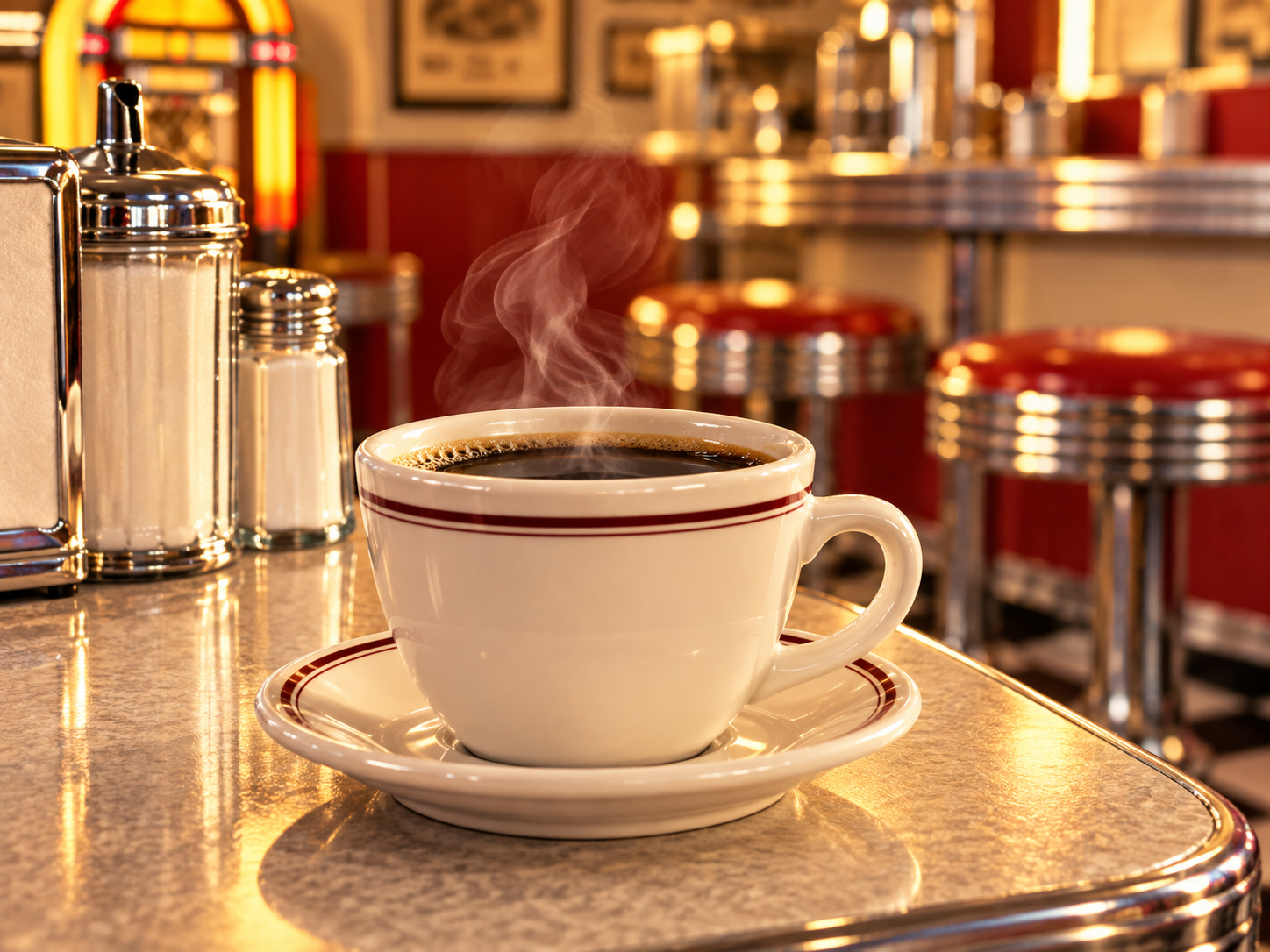A steaming cup of coffee in a white cup with red stripes sits on a saucer atop a shiny diner counter, with red stools and classic decor in the blurred background.