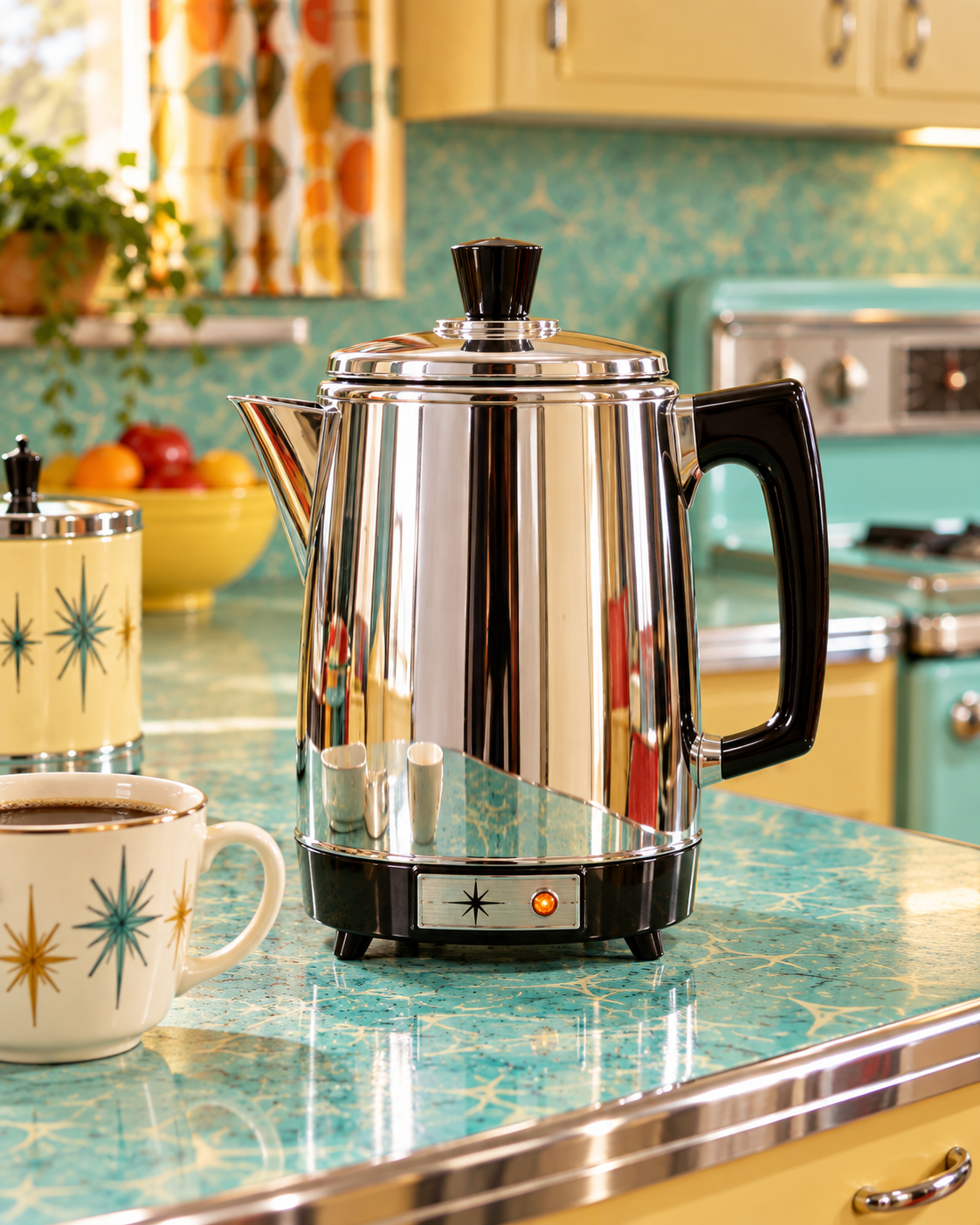 A stainless steel percolator sits on a turquoise countertop next to a matching patterned coffee mug and canister.