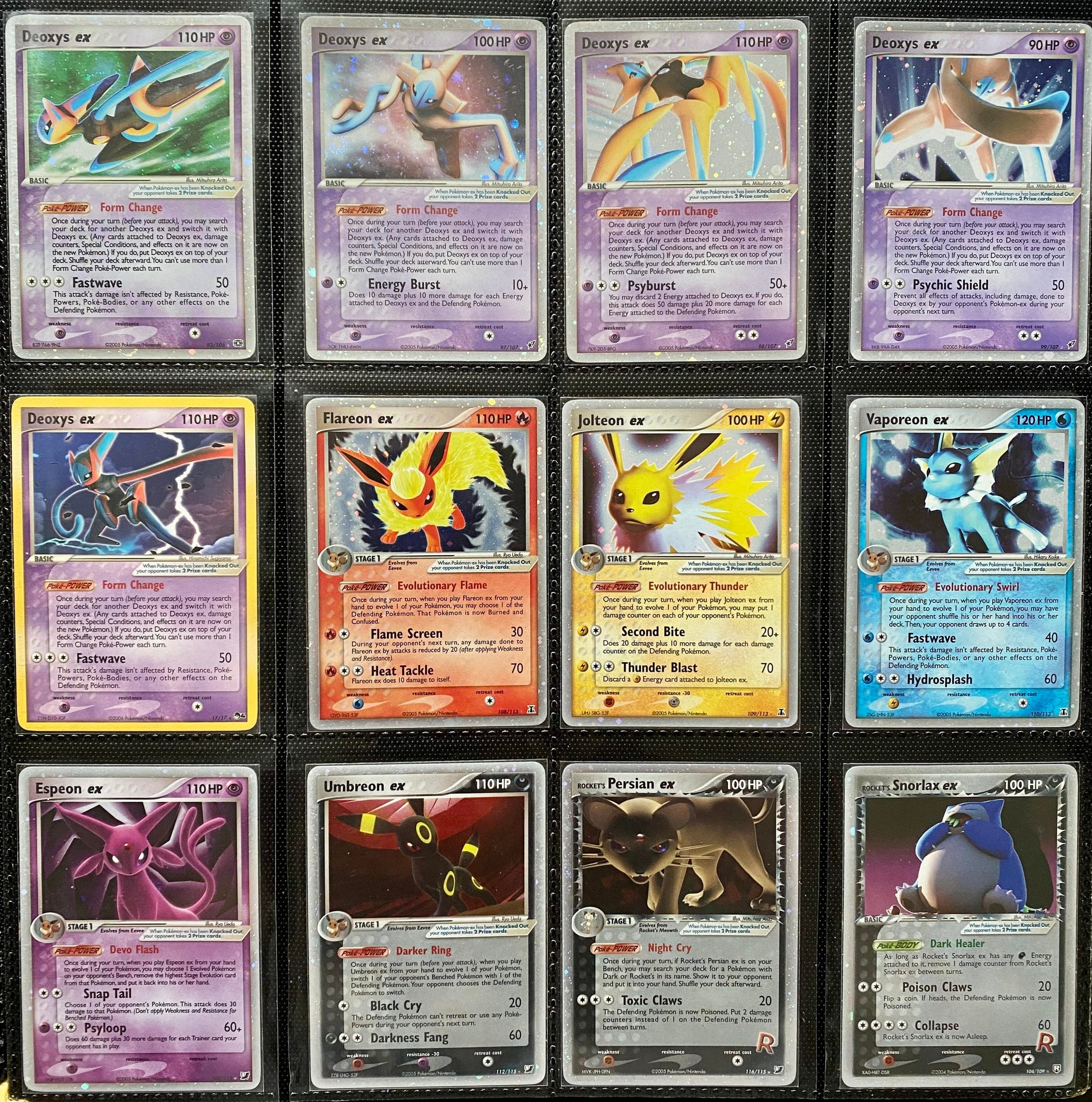 Twelve assorted Pokémon trading cards displayed in a three-by-four grid, including four Deoxys ex cards, Flareon ex, Jolteon ex, Vaporeon ex, Espeon ex, Umbreon ex, Rocket’s Persian ex, and Snorlax ex.