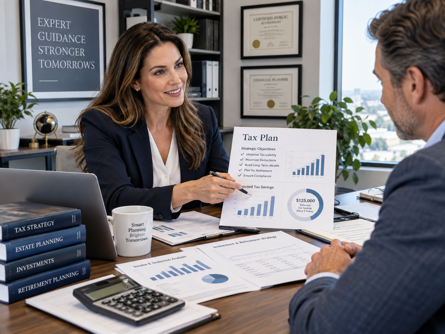 A financial advisor sits across from a client, holding a document titled “Tax Plan” that outlines strategic objectives and projected savings with bar graphs.