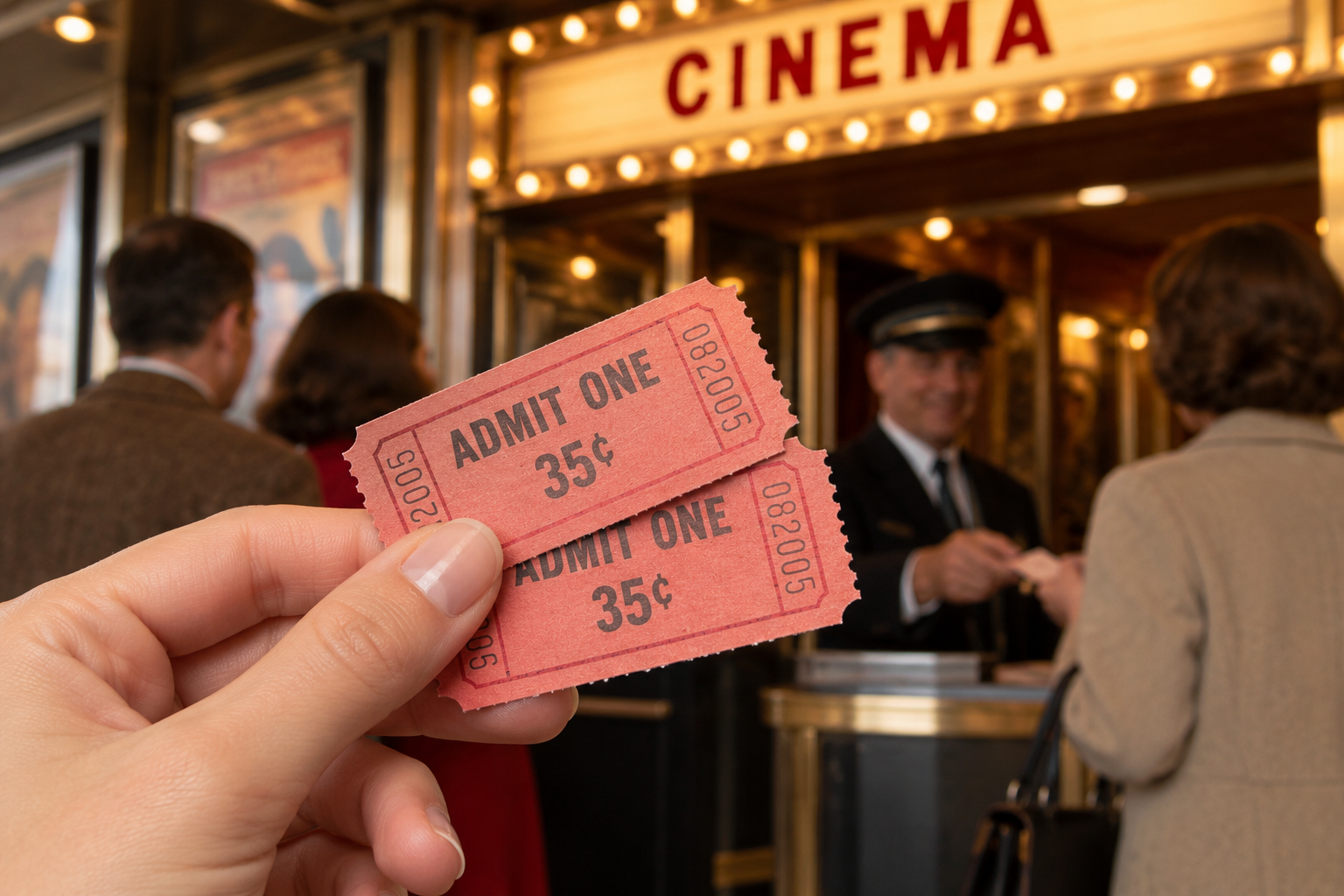 A hand holds two vintage red movie tickets in front of a cinema entrance with a ticket taker.