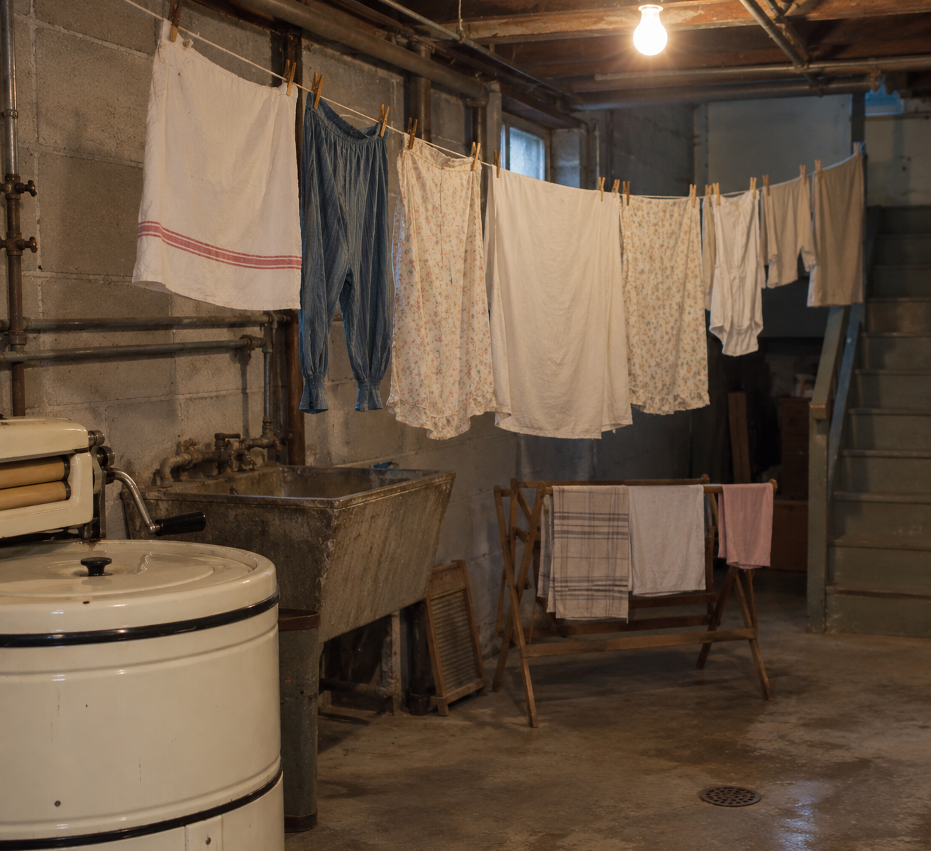 Laundry hangs to dry on lines strung across a basement with a vintage wringer washing machine and a concrete utility sink.