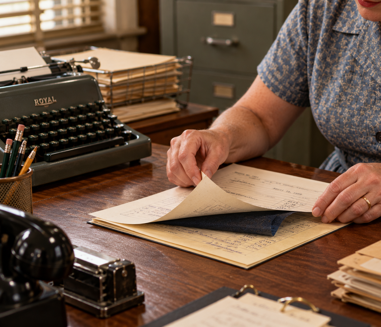 A person in a blue patterned dress sits at a wooden desk, turning the page of a document near a vintage typewriter.