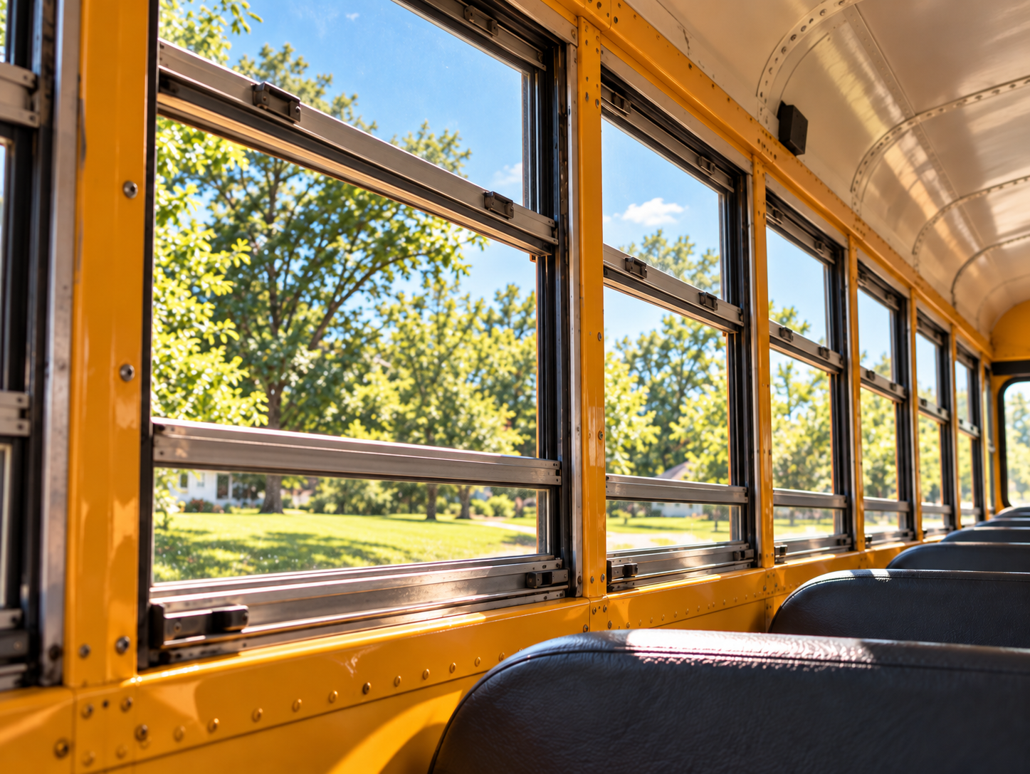 The interior of a yellow school bus, looking out through a row of windows at green trees under a bright blue sky.
