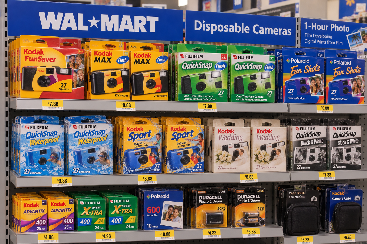 Retail store shelving stocked with various brands of disposable cameras, film, and camera batteries, with price tags displayed below each item.