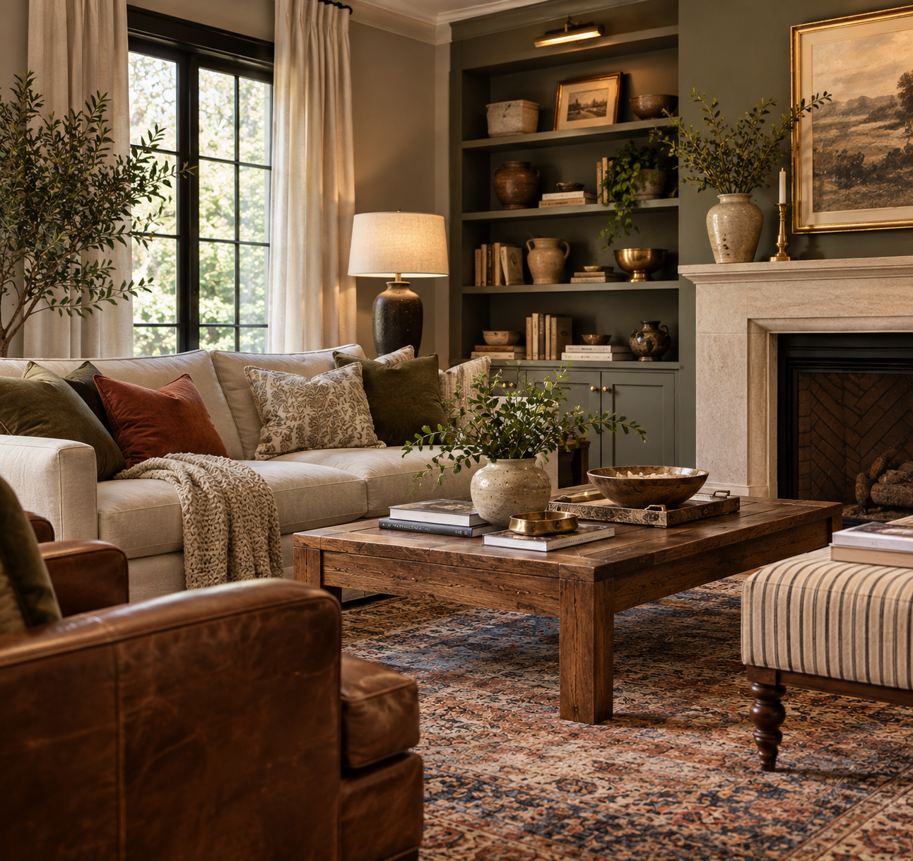 Living room featuring a light-colored sofa with throw pillows, a wooden coffee table, and a fireplace with built-in shelving.