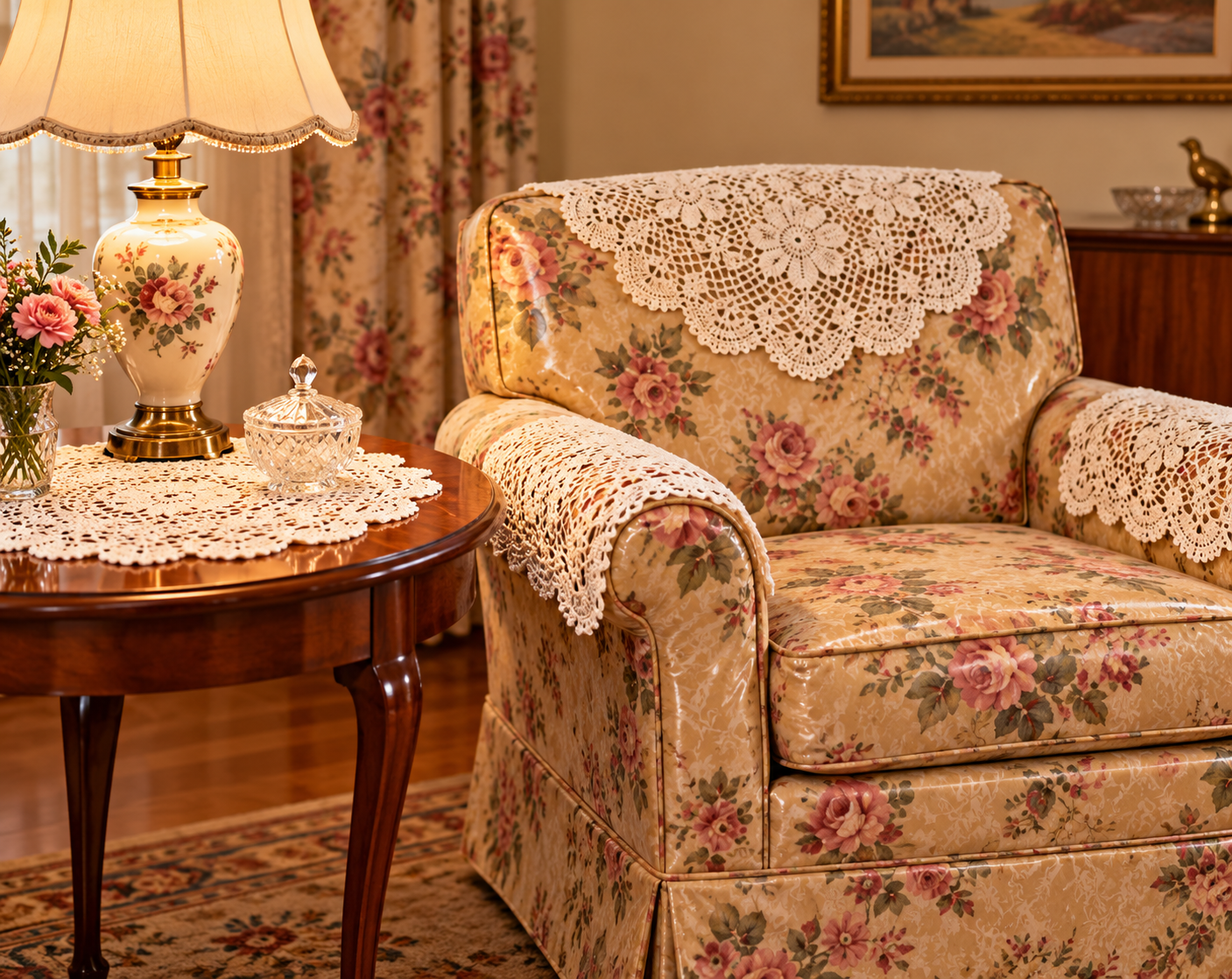 A floral-patterned armchair covered with white crocheted doilies sits next to a side table holding a table lamp and a small crystal dish.