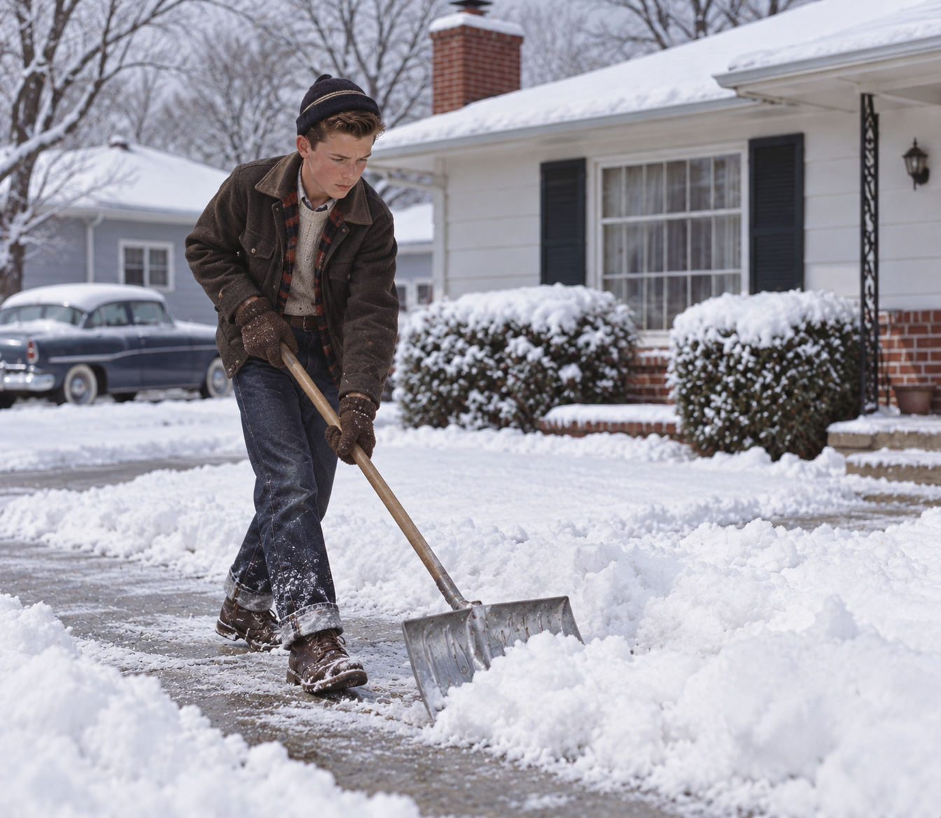 A boy in a winter jacket and beanie shovels snow from a driveway in front of a house.