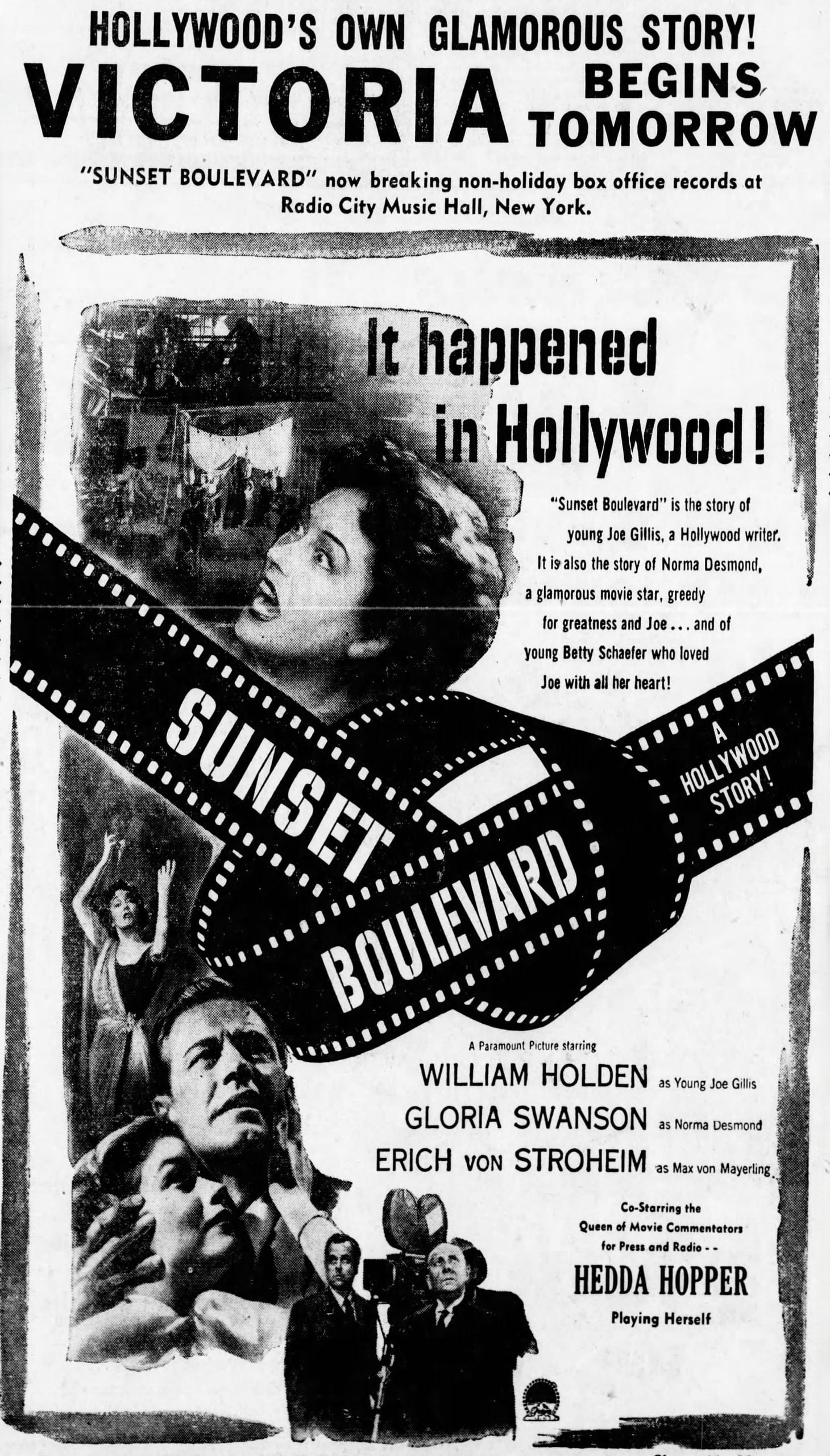 Vintage movie poster for “Sunset Boulevard,” featuring portraits of William Holden, Gloria Swanson, and Erich von Stroheim, with the title superimposed over a film strip.